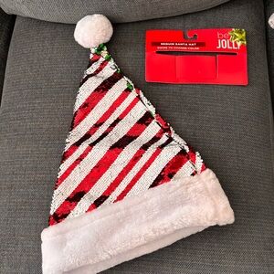 Sequin Santa Hat Color Changing White/Red to Silver/Green Stripe Holiday Festive